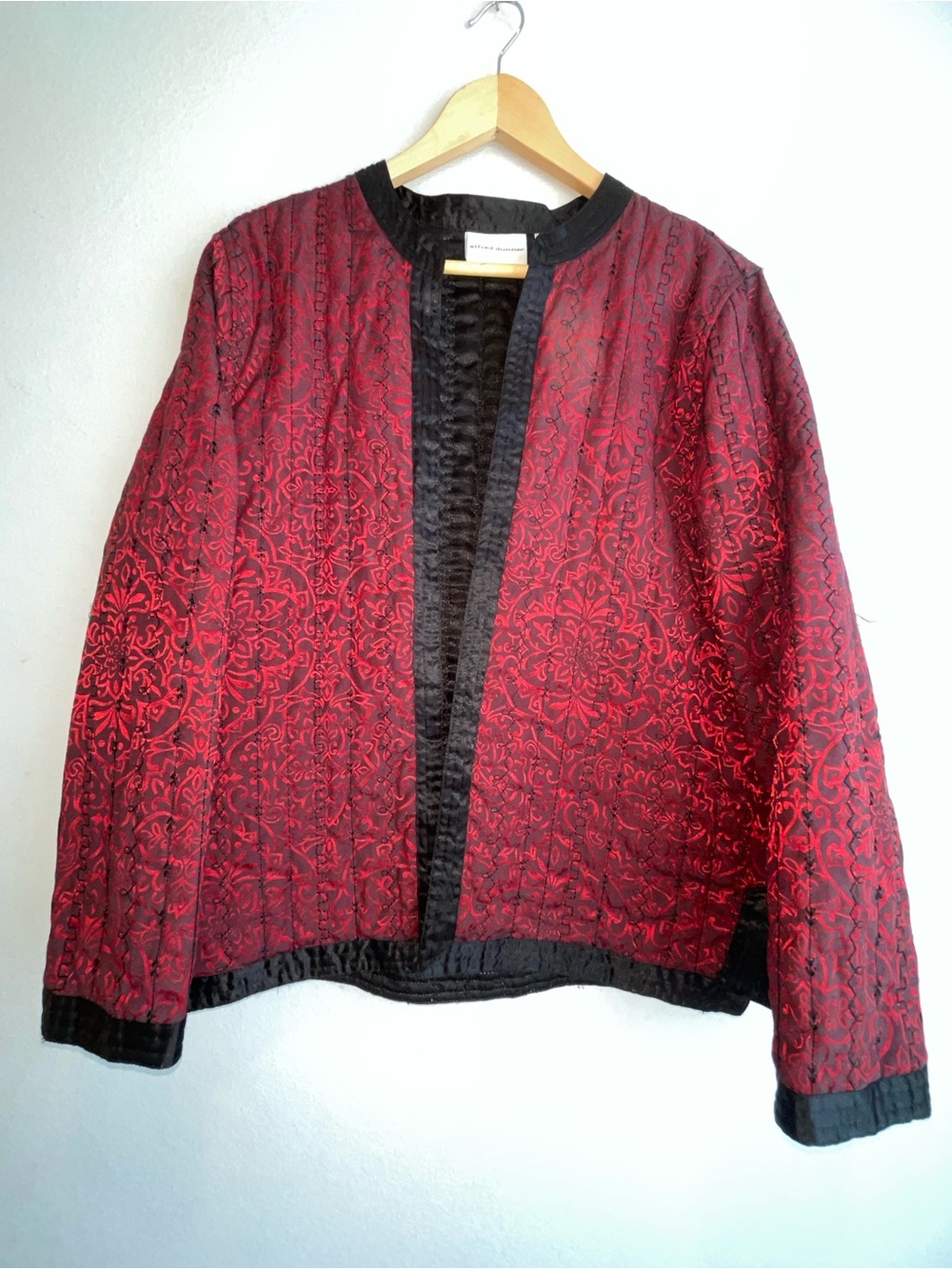 Alfred Dunner Quilted Jacket Red Black Brocade Open Front Whimsigoth GrandmaCore